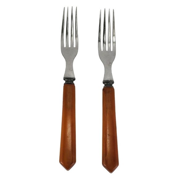 Sta-Brite Bakelite & Stainless Steel Flatware Butterscotch 10 pieces Vintage - Picture 3 of 7